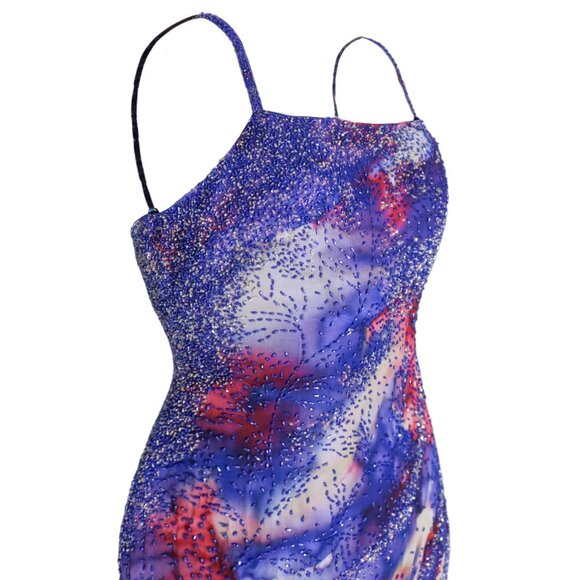 00s Sparkly Bead Embellished Silk Layered Tie Dye Evening Slip Gown Dress - Picture 2 of 7